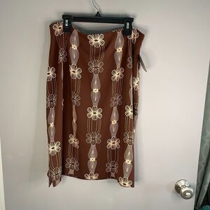 Valerie Stevens Womens 12 100% Silk Artsy Floral Print Brown Skirt NWT
